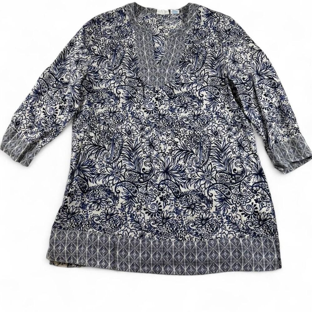 Sigrid Olsen Women’s Blue & White Floral Tunic Top 3/4 Sleeve Size Small